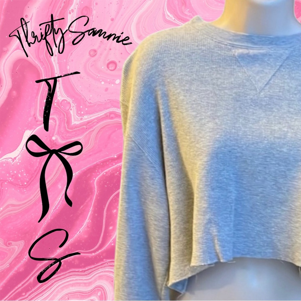 brandy melville grey crop distressed long-sleeve waffle knit